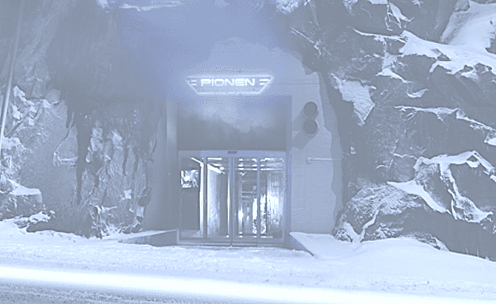 Massive 40-ton hydraulic blast door at the entrance of Pionen White Mountain data center. The door is designed to withstand a 1-megaton nuclear explosion and protects the facility carved 30 meters into Swedish granite bedrock.